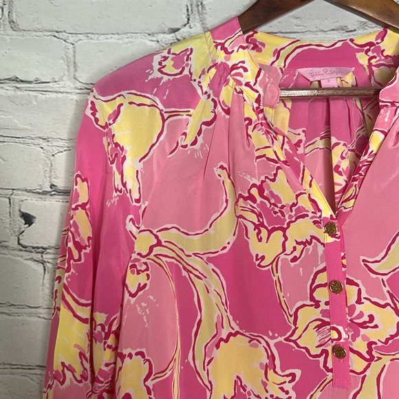 Lilly Pulitzer Pink & Yellow Long Sleeve Silk Top Size Small Excellent Condition - Picture 3 of 15